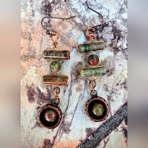 Celtic-inspired Natural Unakite In Handwired Bohemian Copper Artifact Earrings